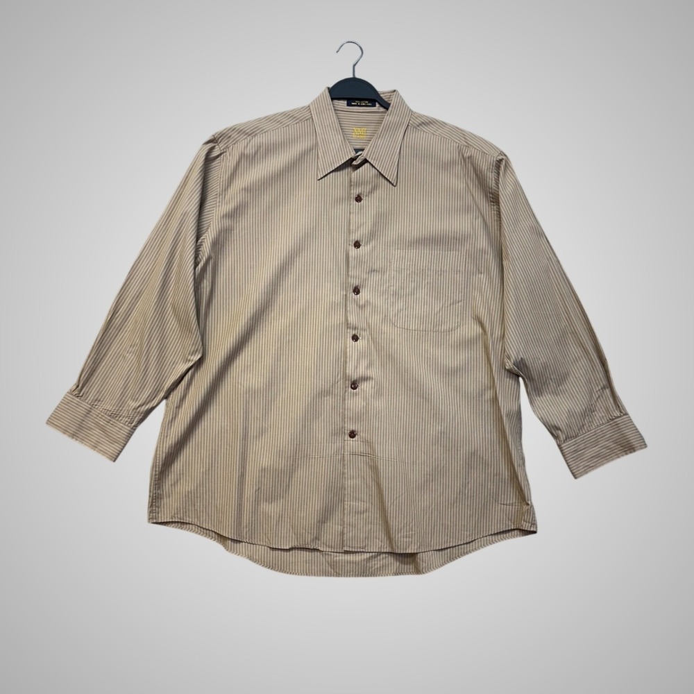XMI Classic Dress Shirt Men 17.5 34 Tan Striped Excellent Cotton Button Down